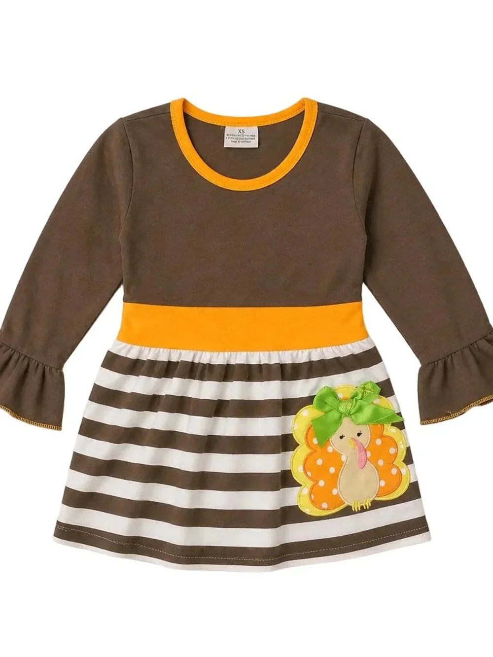 Adorable Turkey Bow Brown Long Sleeve Cotton Dress